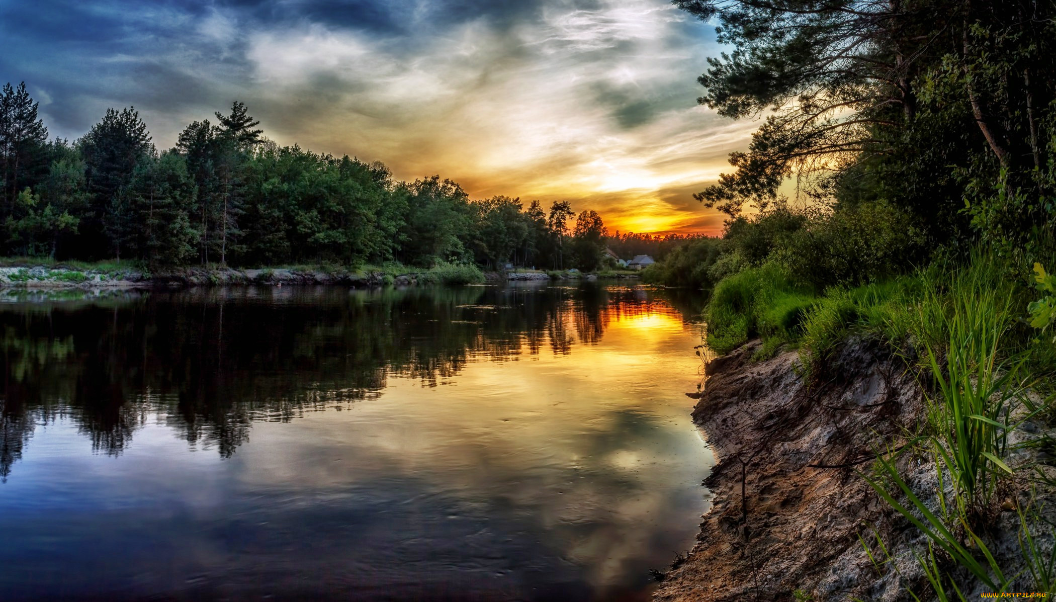 Картинки лес река восход